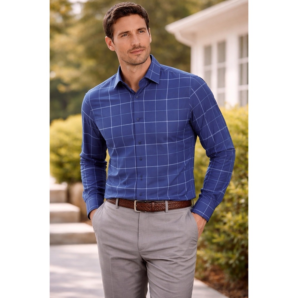 Mizzen+Main Blue Windowpane Plaid Shirt Mens M Classic Fit Performance